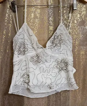 La Peche White Beaded Sequin Festival Party Cami Tank Top Large NWT thumbnail 1