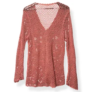 Women Crochet Cardigan Coverup Pink M Boho Cottagecore Fairy Boho Beachy Coastal thumbnail 3