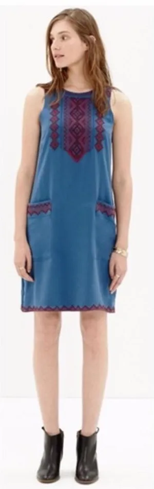 Madewell‎ 100% Silk Boho Geometric Embroidered Shift Dress Blue Red Size L thumbnail 1