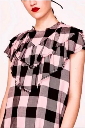 Zara Ruffle Top Women‎ XS Pink Black Buffalo Plaid Frayed Gingham Punk Grunge thumbnail 1