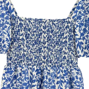 THML Blue White Floral Smocked Mini Dress Medium Puff Sleeve Coastal Cottagecore thumbnail 5