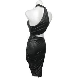 Oh Polly Black Faux Leather Halter V-Neck Cutout Ruched Mini Bodycon Dress Sz 2 thumbnail 2