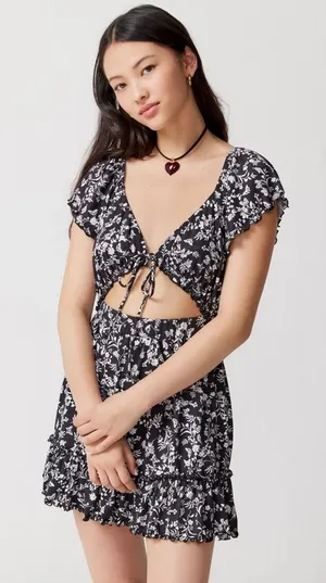 Urban Outfitters UO Rianna Floral Ruffle Mini Dress Black White XS NWT thumbnail 1