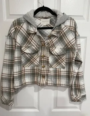Aeropostale‎ Plaid Cropped Flannel Hooded Shacket Green Brown Large thumbnail 1