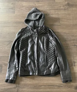 Women’s Mo-Ka Hooded Faux Leather Black Bomber Jacket, Size Small thumbnail 1