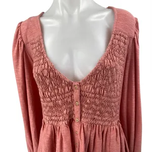 Free People Don't Call Me Baby Pink Smocked Long Sleeve Peplum Blouse Top Size M thumbnail 3