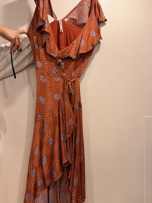 Anthropologie Ruffle-Sleeve Printed-Wrap Rust Midi Dress with Blue Floral Print thumbnail 5