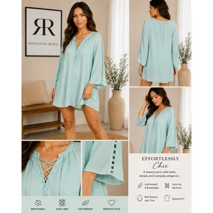 Entro Women's Mini Dress Size S Long Sleeve Lace Up Boho‎ Festival Casual thumbnail 2