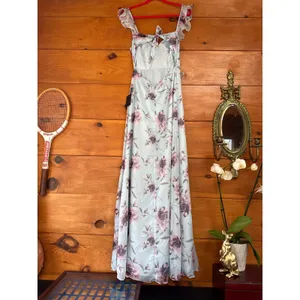 NWT Lulus Sweetest Entrance Light Blue Floral Ruffled Tie-Back Maxi Dress Sz S thumbnail 6