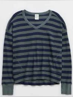 Aerie OFFLINE Wow Oversized Waffle Thermal Top Size Large Striped Green Blue thumbnail 1