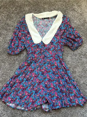 Zara Floral Mini Dress with White Peter Pan Collar - Blue & Pink thumbnail 1