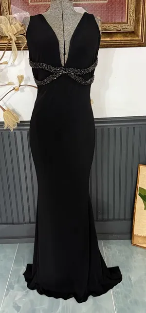 NWT Vintage Jovani Black Tie Open Back Beaded Evening Gown Size 6 💛🍄 thumbnail 1