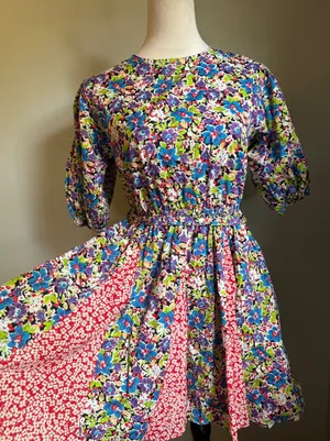 MELLODAY Whimsi boho cottage Mixed Puff‎ Sleeve Mini Dress Multi dainty floral blue M Red thumbnail 1