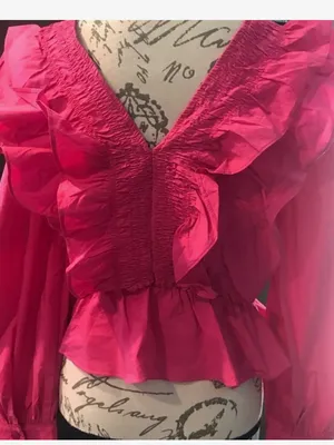 Feminine Ruffled V-Neck Peplum Blouse in Hot Pink thumbnail 5