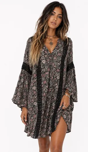 Knox Rose Floral Boho Tunic Dress Medium Black Bell Sleeve Crochet Trim Festival thumbnail 1
