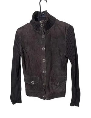 Massini Suede Ribbed Knit Collar Button Front Jacket Women M‎ Dark Brown thumbnail 1