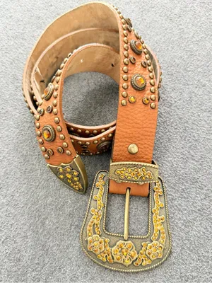 VTG Y2K Studded Western Women Belt XL Amber Accents Bronze 100% Italian Leather thumbnail 15