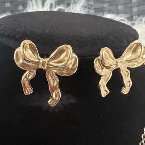 Gold Plated Bow Necklace SET Coquette Earrings Womens Jewelry thumbnail 2