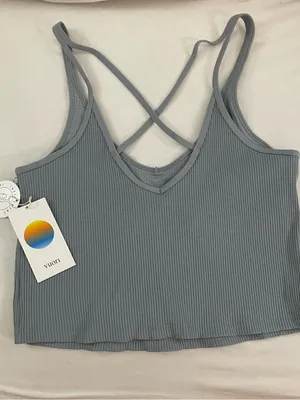 Vuori NWT Rib Crop Tank Top Back Strappy Top Light Cloud Blue Size L thumbnail 8