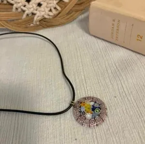 Millefiori Glass Charm Pendant Necklace Vintage “Dahlia” Leather Strand Italian Classi thumbnail 5