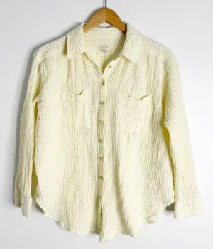 Pilcro by Anthropologie Seersucker Button Up Shirt Large Yellow Cotton Top thumbnail 1