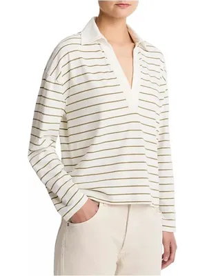 Vince Easy Polo Striped Cotton Long Sleeve Women’s Top Olive Stone thumbnail 4