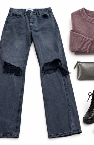 KanCan Women’s 7/27 Black Distressed High Rise Wide Leg Button Fly Denim Jeans thumbnail 1