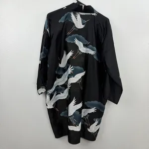 Marukyo Kimono Womens OS Black Crane Cloud Print Open Front Wide Sleeve Robe thumbnail 8