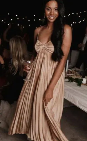 Petal & Pup Vikki Gold Satin Pleated Asymmetrical Hem Midi Dress 2 thumbnail 7
