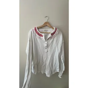 Free People We The Free White Waffle Knit Henley Top Red Embroidery Small thumbnail 2