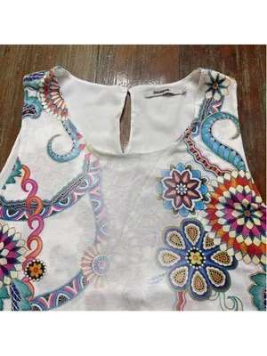 Desigual Asymmetrical Floral Tank Top Size L Mandala Print Sharkbite Hem Boho thumbnail 2