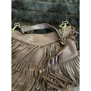 Marta Ponti Cognac brown Genuine Leather Fringe Boho Hobo Shoulder Bag 11.5x11 thumbnail 4