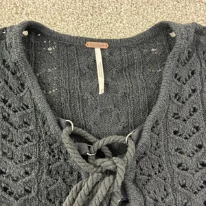 Free People Black Lace Up Crochet Knit Sweater Tunic Size‎ XS Casual Goth Moto thumbnail 2