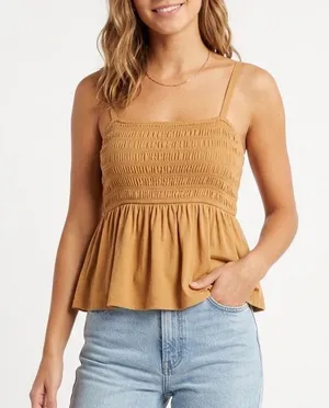 American Eagle Outfitters Babydoll Tank Top Womens Large Brown Stretch Smocked thumbnail 1
