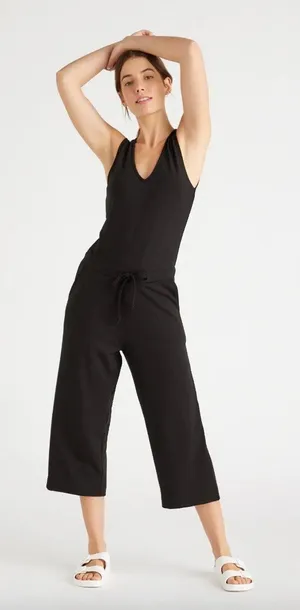 Quince Black Terry Modal Jumpsuit Wide Leg Keyhole Back Small thumbnail 1