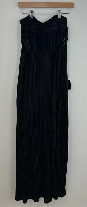 Lulus Black Strapless Lace Corset Pleated Maxi Dress thumbnail 1