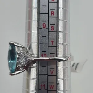 Ring Womens 10 Marquise Blue CZ Rhodium Electroplate Three-Stone NEW thumbnail 4