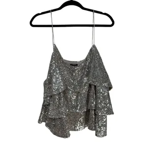 Express Silver Sequin Tiered Camisole V-Neck Spaghetti Strap Tank Top XL 02496 thumbnail 2