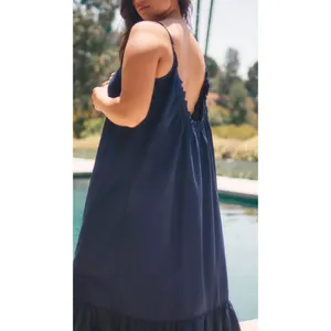 Anthropologie Malika Embroidered Dress Low Scoop Back Ruffle Hem Navy Blue XS thumbnail 6