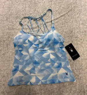Spyder Swim Womens Blue White Geometric Strappy Tankini Top Only Builtin Bra NEW thumbnail 1