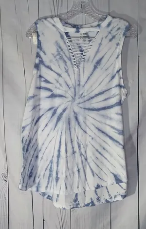 American Eagle Blue and White Tie-Dye Boho Festival Tank with Lattice V-Neck thumbnail 1