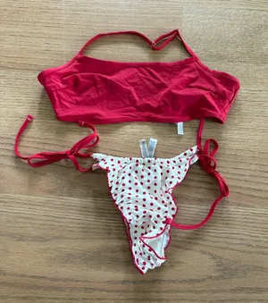 Frankie's Bikinis Red Two-Piece Bikini Set with White Polka Dot Bottom thumbnail 1