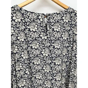 LOFT Blouse Women L Navy Blue White Floral Paisley Long Sleeve Keyhole Back thumbnail 10