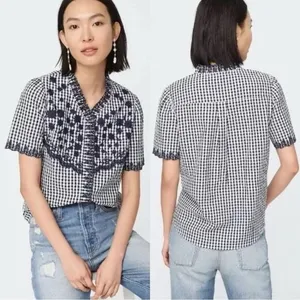 J.Crew Embroidered Indigo Crinkled Gingham Short Sleeve Navy White Top Cotton XS thumbnail 2