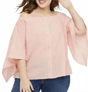 Lane Bryant Pink Orange Stripe Off Shoulder Flared Sleeve Blouse Plus Size 22/24 thumbnail 1