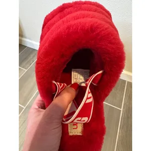 UGG Fluff Yeah Slide Red Sheepskin Logo Slingback Slippers‎ 1095119 Womens 7 thumbnail 4