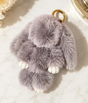 NEW Gray Faux Fur Bunny Rabbit Bag Charm Keychain with Gold Silver Ring Clips thumbnail 1