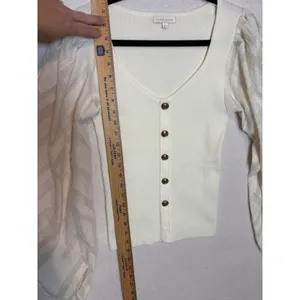 Flying Tomato Cream Ribbed Knit Top Gold Crest Buttons Lace Balloon Sleeve M thumbnail 9