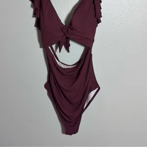 Charmo Women Maternity‎ Burgundy Ribbed Swimsuit One Piece size L thumbnail 4