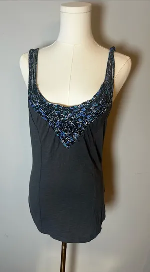Free People Black Tank with Blue Floral Trim thumbnail 1